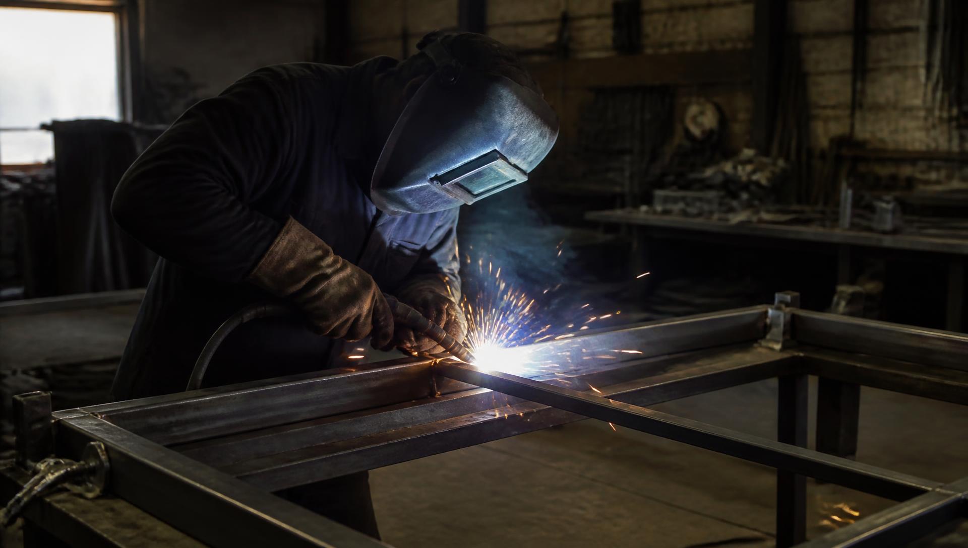Welder joining a steel frame in the fabrication shop